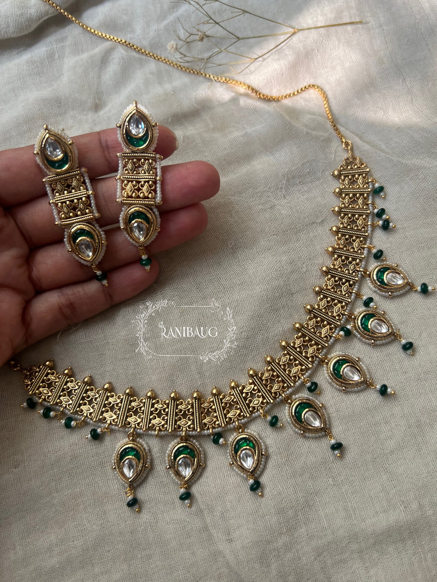 Manya Gold Heritage Traditional Polki Teardrop Studded Necklace Set By Ranibaug
