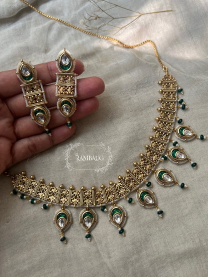 Manya Gold Heritage Traditional Polki Teardrop Studded Necklace Set By Ranibaug