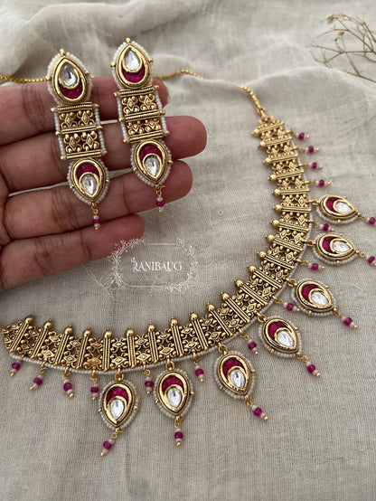Manya Gold Heritage Traditional Polki Teardrop Studded Necklace Set By Ranibaug