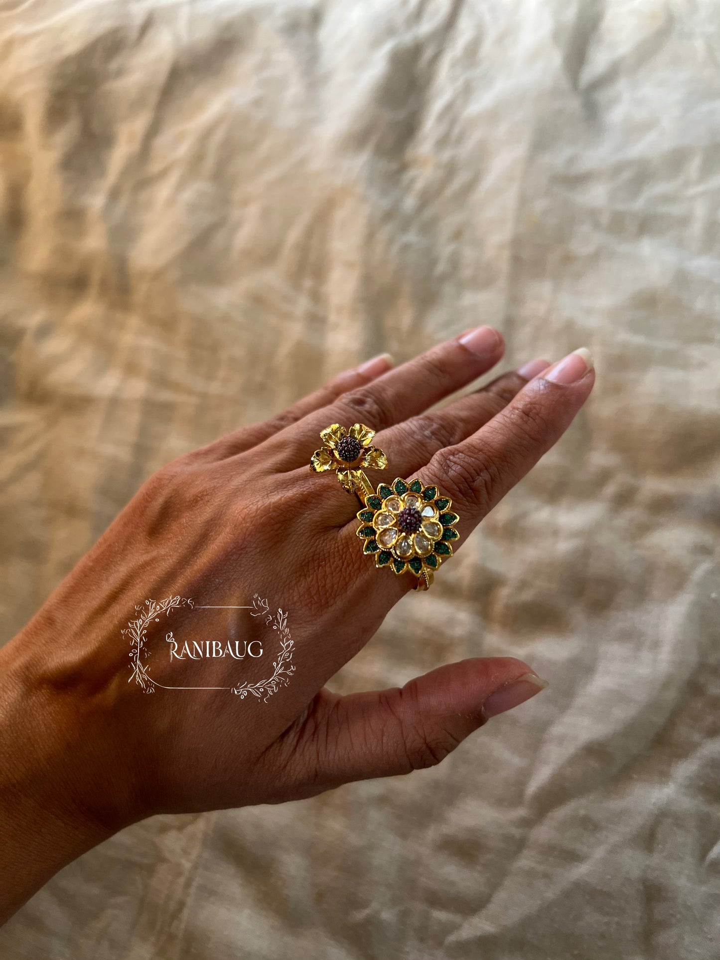 Maya Gold Finish Two Finger Royal Bloom Kundan Statement Ring By Ranibaug