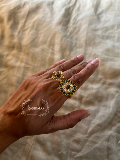 Maya Gold Finish Two Finger Royal Bloom Kundan Statement Ring By Ranibaug