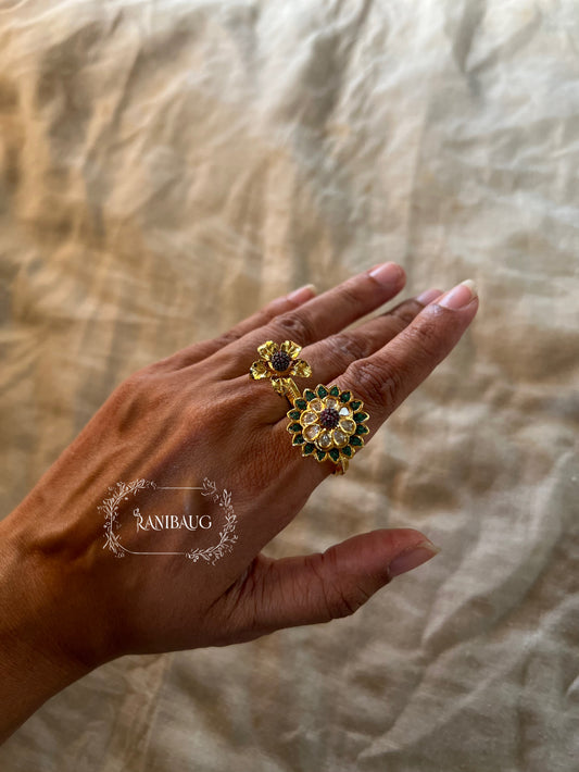 Maya Gold Finish Two Finger Royal Bloom Kundan Statement Ring By Ranibaug