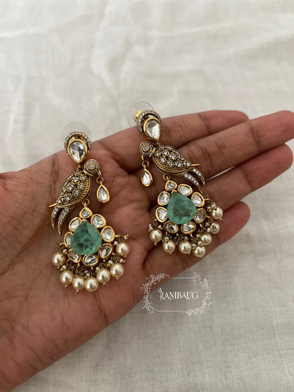 Maya Kundan Bird Motif Gemstone Drop Festive Earrings By Ranibaug