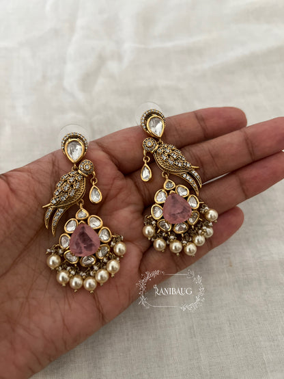 Maya Kundan Bird Motif Gemstone Drop Festive Earrings By Ranibaug