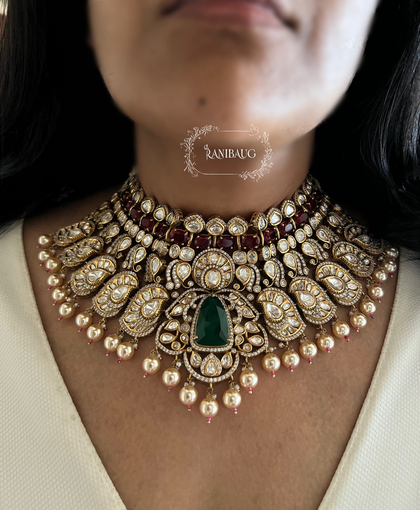 Maya Rajvaadi Emerald And Ruby Kundan Gold Finish Bridal Necklace Jewellery Set By Ranibaug