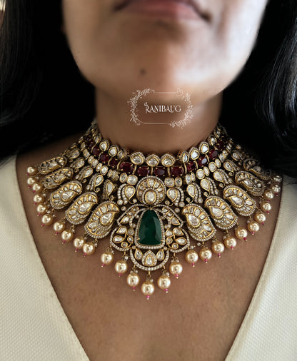 Maya Rajvaadi Emerald And Ruby Kundan Gold Finish Bridal Necklace Jewellery Set By Ranibaug