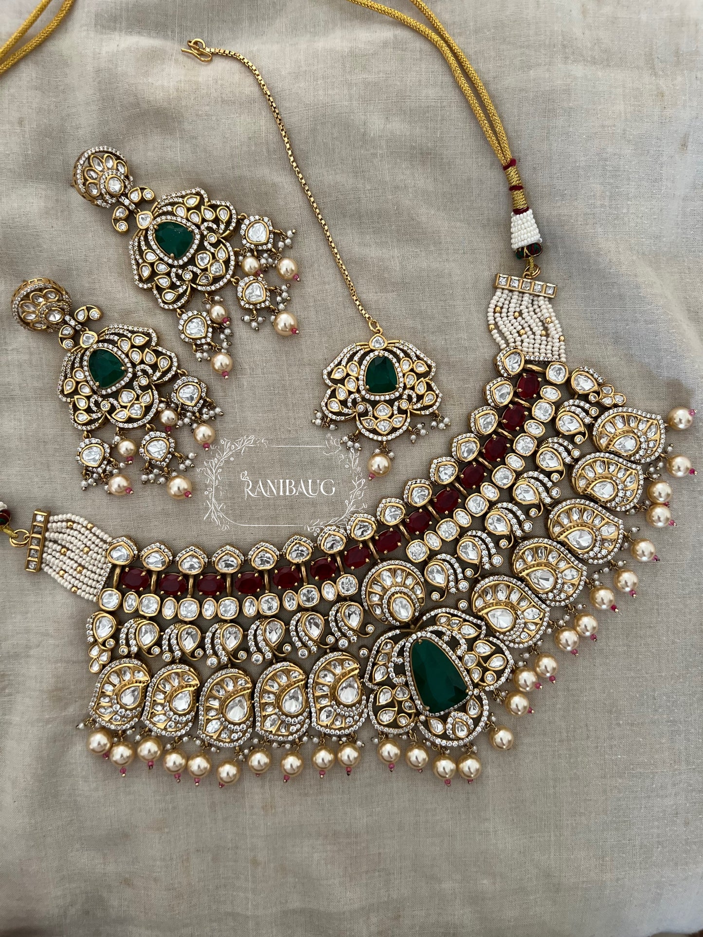 Maya Rajvaadi Emerald And Ruby Kundan Gold Finish Bridal Necklace Jewellery Set By Ranibaug