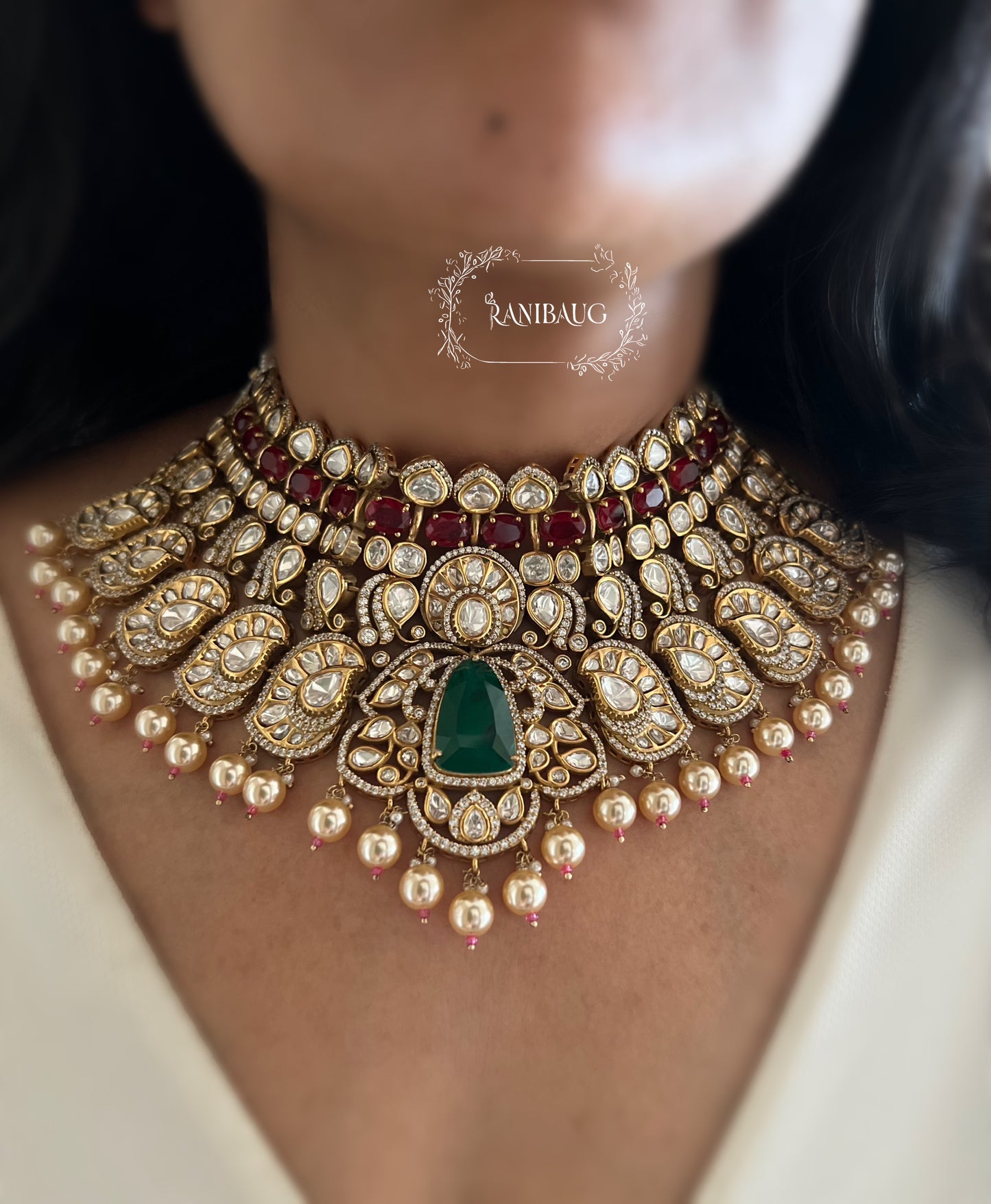 Maya Rajvaadi Emerald And Ruby Kundan Gold Finish Bridal Necklace Jewellery Set By Ranibaug