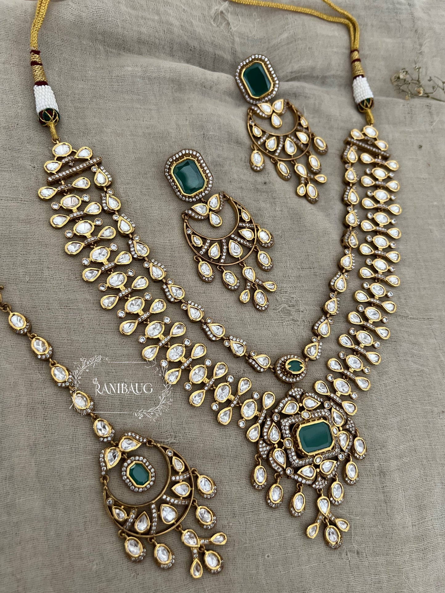 Maya Rich Polki Studded Premium Gold Finish Bridal Jewelry Necklace Set By Ranibaug