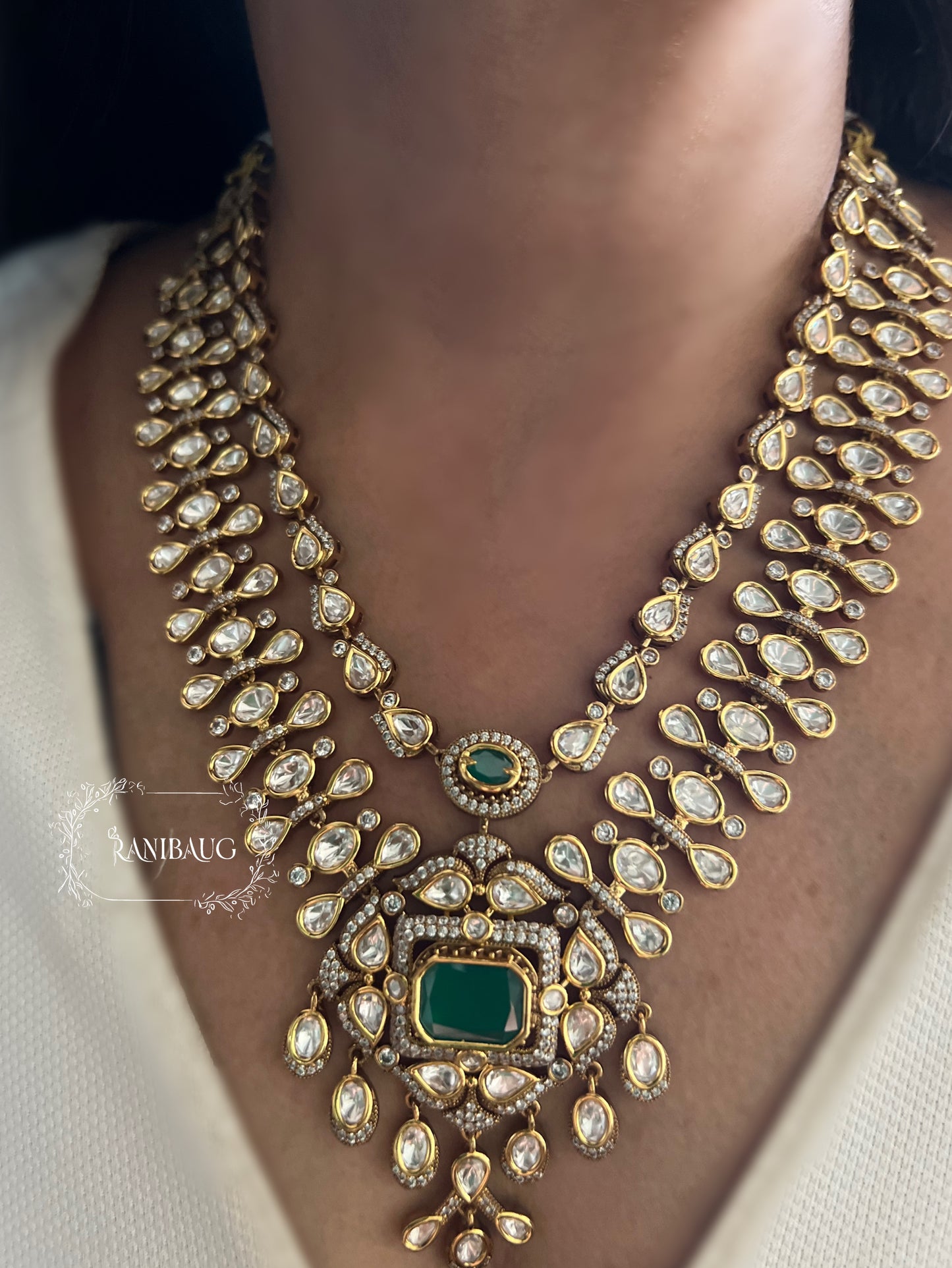 Maya Rich Polki Studded Premium Gold Finish Bridal Jewelry Necklace Set By Ranibaug