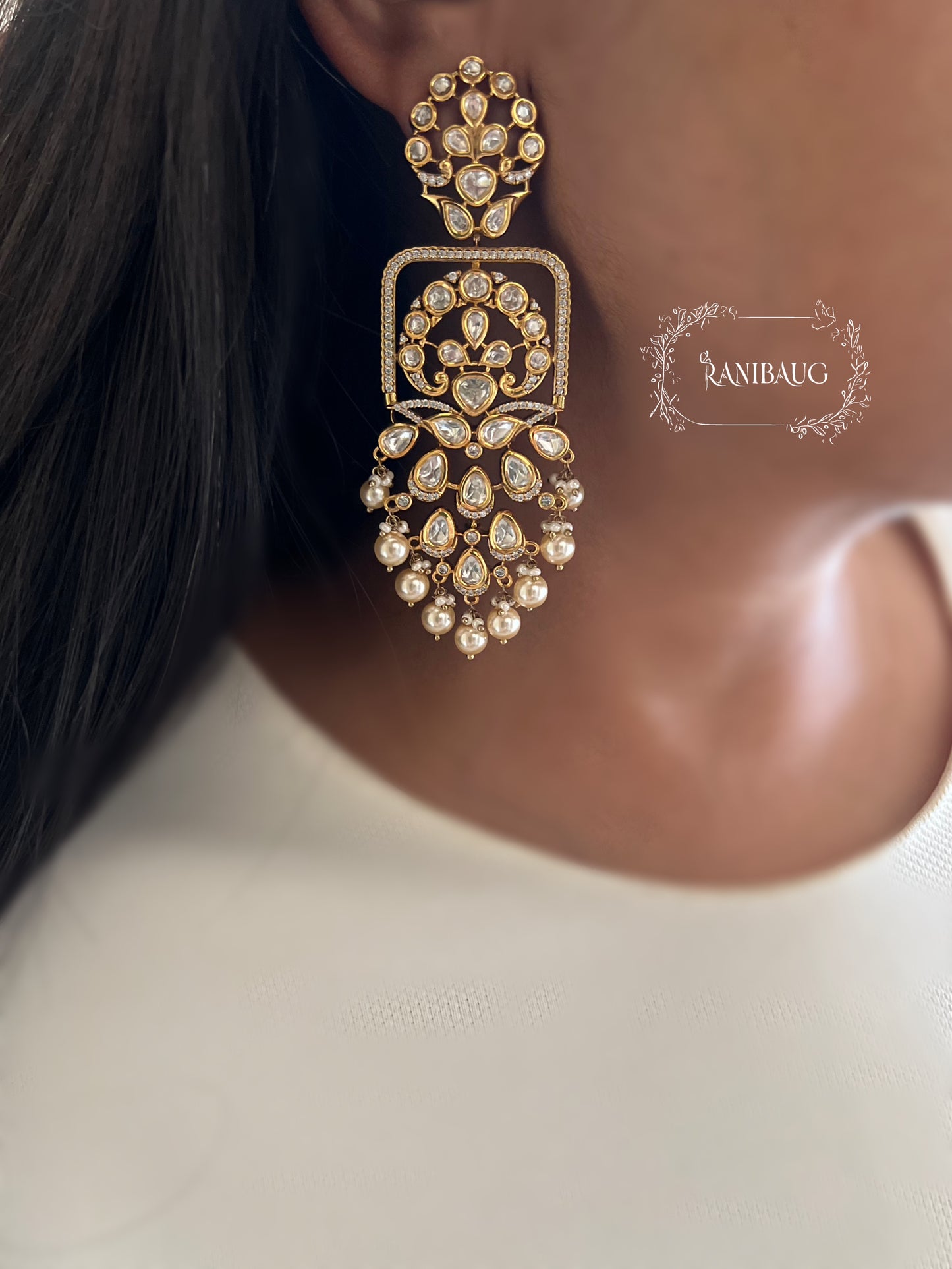 Maya Royal Statement Bridal Premium Gold Finish Mossainite And Pearl Earrings By Ranibaug