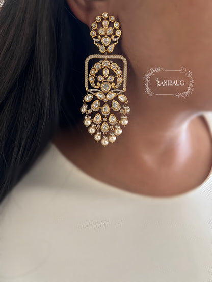 Maya Royal Statement Bridal Premium Gold Finish Mossainite And Pearl Earrings By Ranibaug