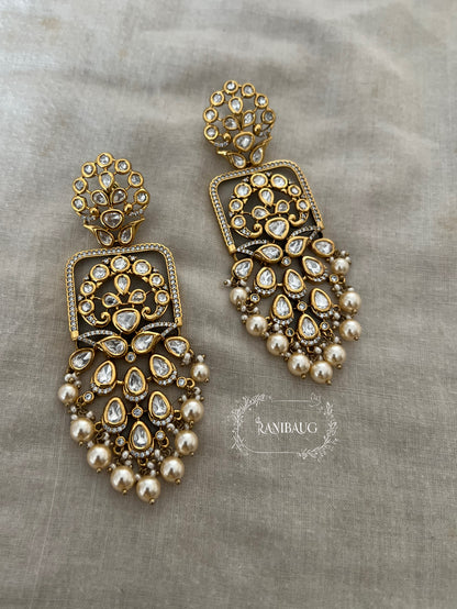 Maya Royal Statement Bridal Premium Gold Finish Mossainite And Pearl Earrings By Ranibaug
