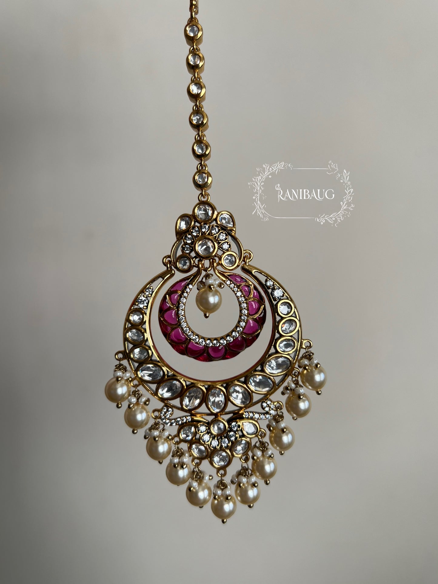 Maya Vintage Mossainite Polki Maang Tikka In Antique Gold Finish With Pearl Clusters By Ranibaug | Most Loved And Best Seller Wedding Maang Tikka