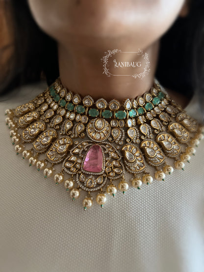 Maya Rajvaadi Emerald And Ruby Kundan Gold Finish Bridal Necklace Jewellery Set By Ranibaug