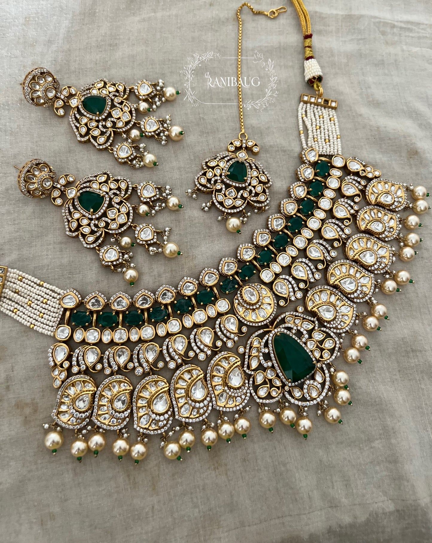 Maya Rajvaadi Emerald And Ruby Kundan Gold Finish Bridal Necklace Jewellery Set By Ranibaug