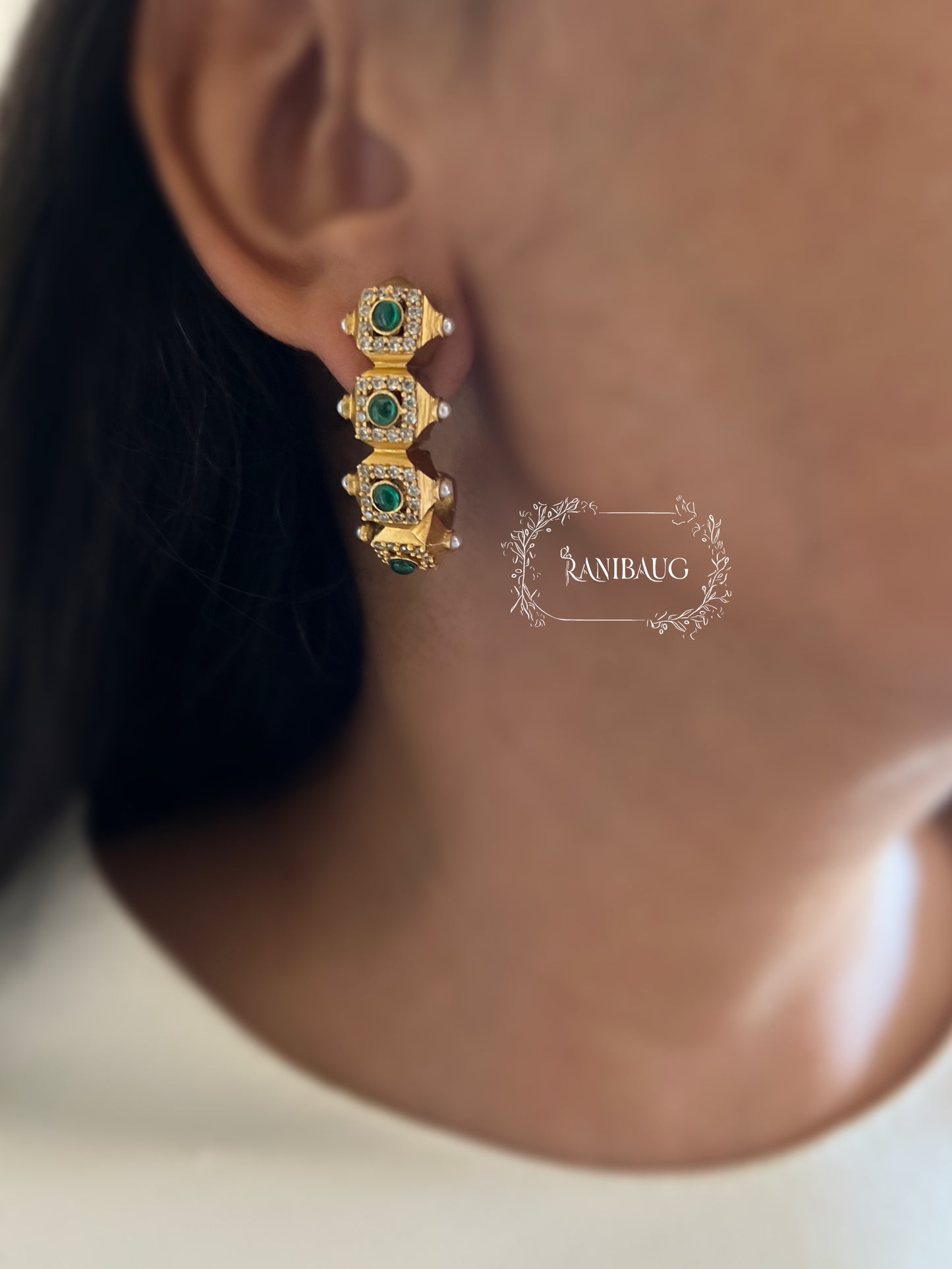 Mayana Emerald Ruby Geometric Kundan Gold Matt Finish Hoop Earrings By Ranibaug