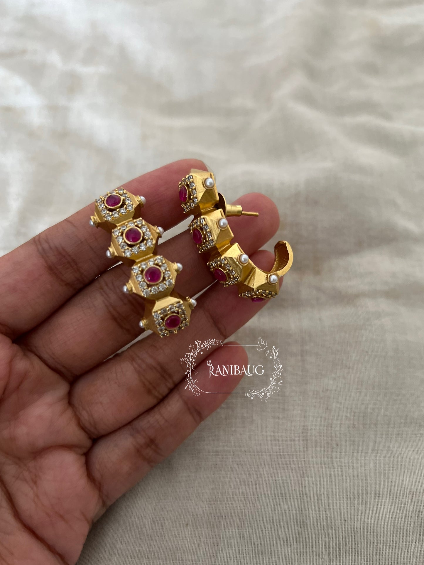 Mayana Emerald Ruby Geometric Kundan Gold Matt Finish Hoop Earrings By Ranibaug