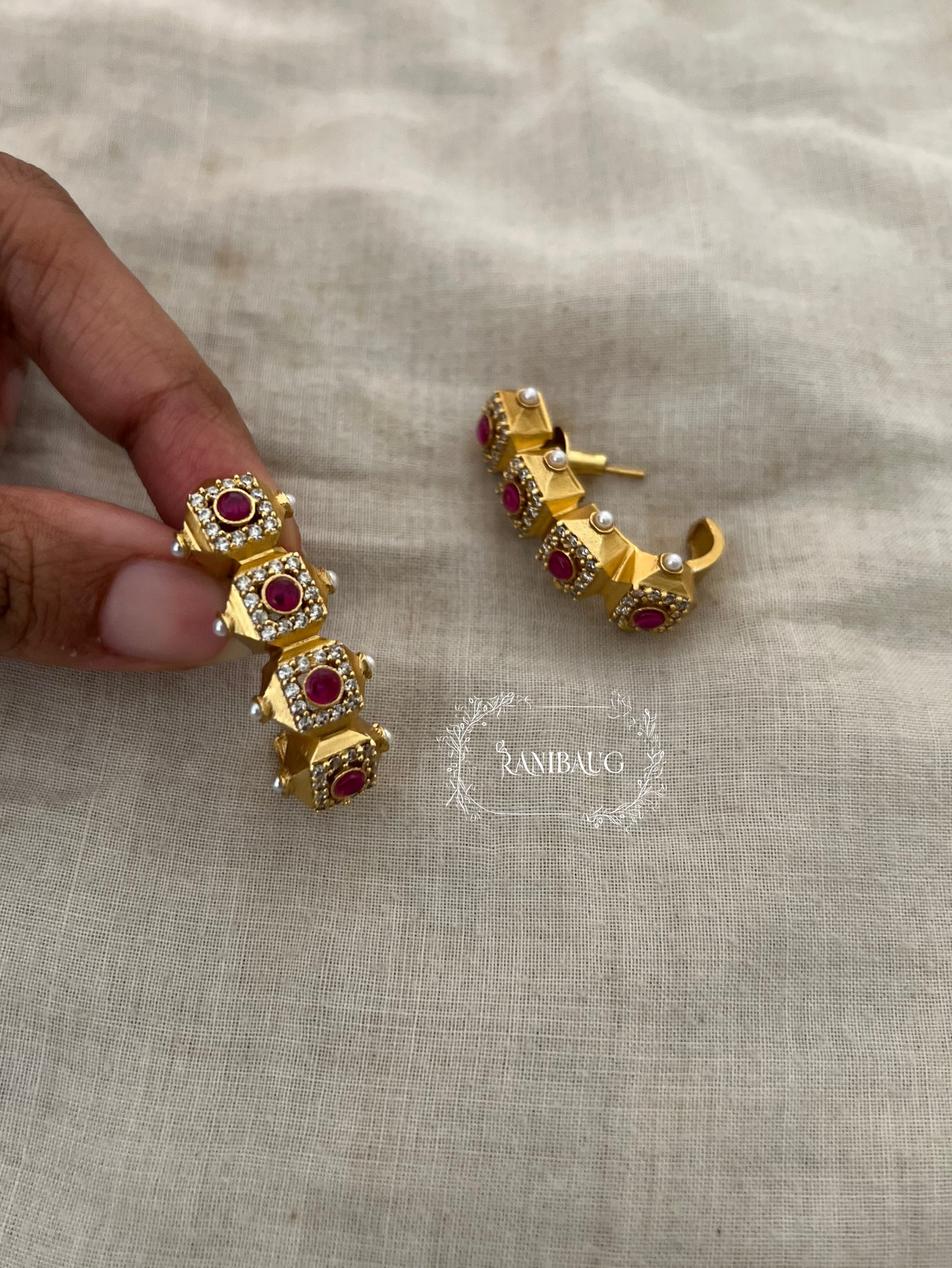 Mayana Emerald Ruby Geometric Kundan Gold Matt Finish Hoop Earrings By Ranibaug