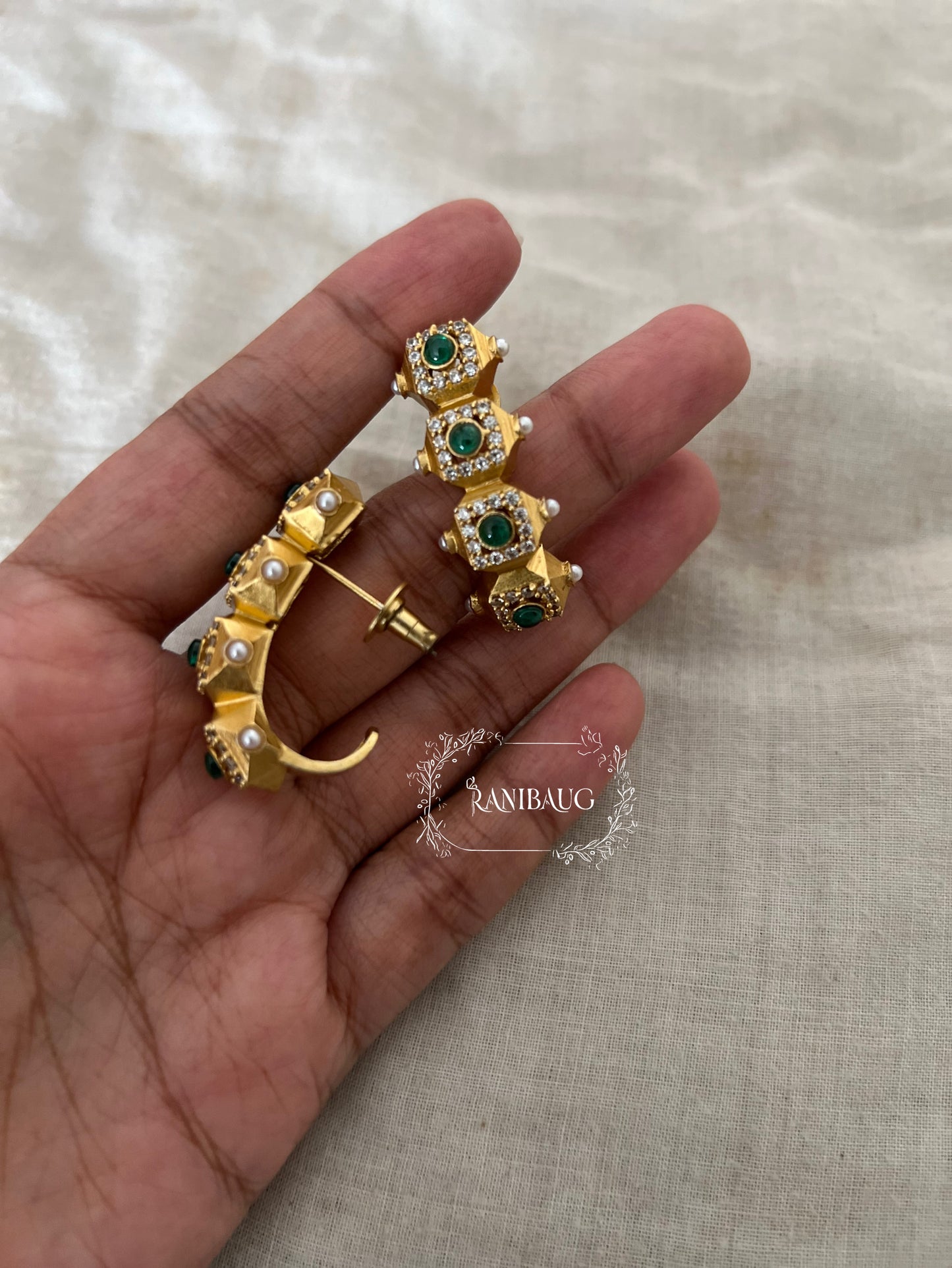 Mayana Emerald Ruby Geometric Kundan Gold Matt Finish Hoop Earrings By Ranibaug