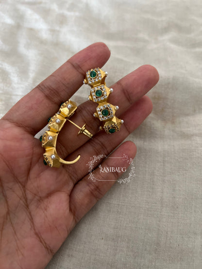 Mayana Emerald Ruby Geometric Kundan Gold Matt Finish Hoop Earrings By Ranibaug