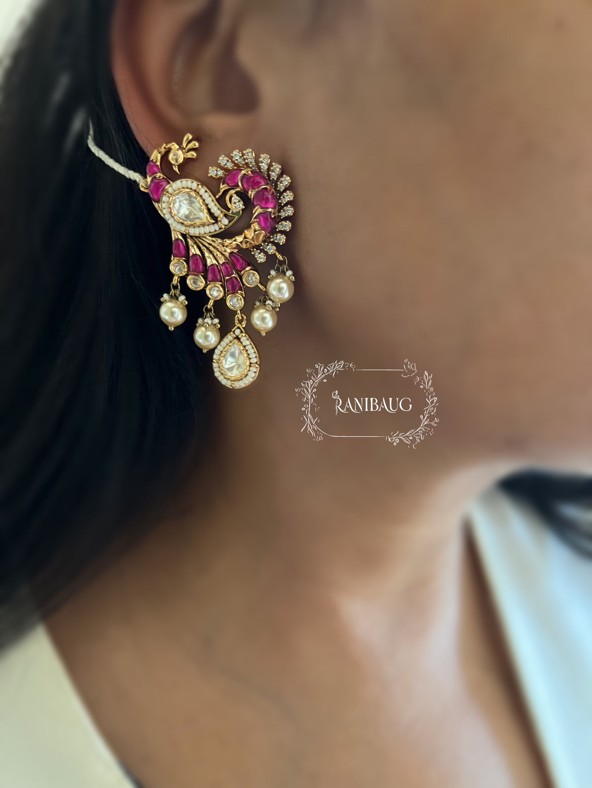 Mayavi Peacock Polki Pearl Adorned Gold Finish Designer Hair Chain Earrings By Ranibaug