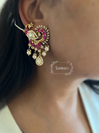 Mayavi Peacock Polki Pearl Adorned Gold Finish Designer Hair Chain Earrings By Ranibaug