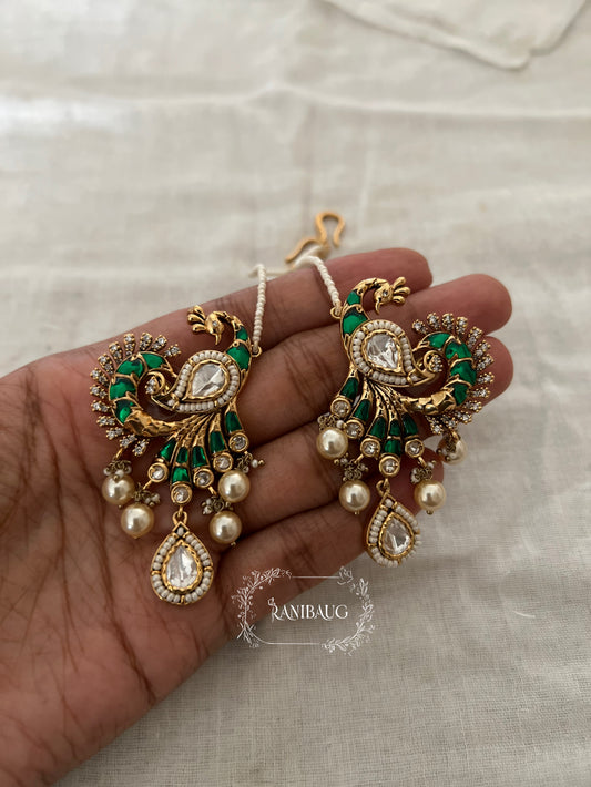 Mayavi Peacock Polki Pearl Adorned Gold Finish Designer Hair Chain Earrings By Ranibaug