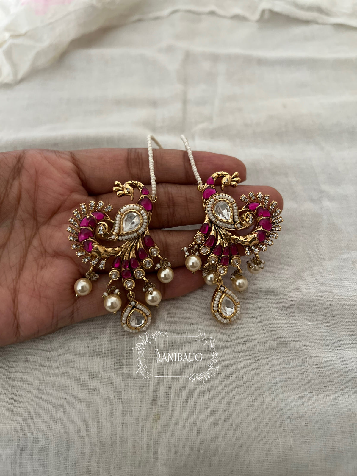 Mayavi Peacock Polki Pearl Adorned Gold Finish Designer Hair Chain Earrings By Ranibaug