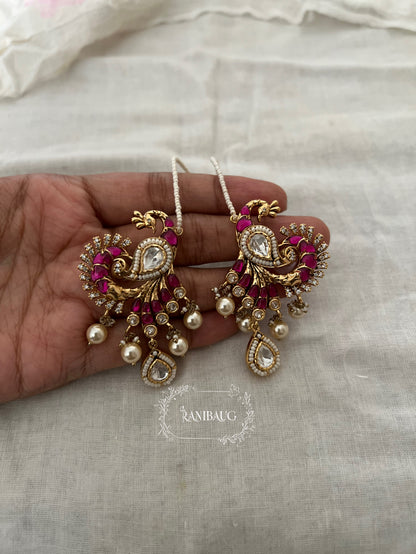 Mayavi Peacock Polki Pearl Adorned Gold Finish Designer Hair Chain Earrings By Ranibaug