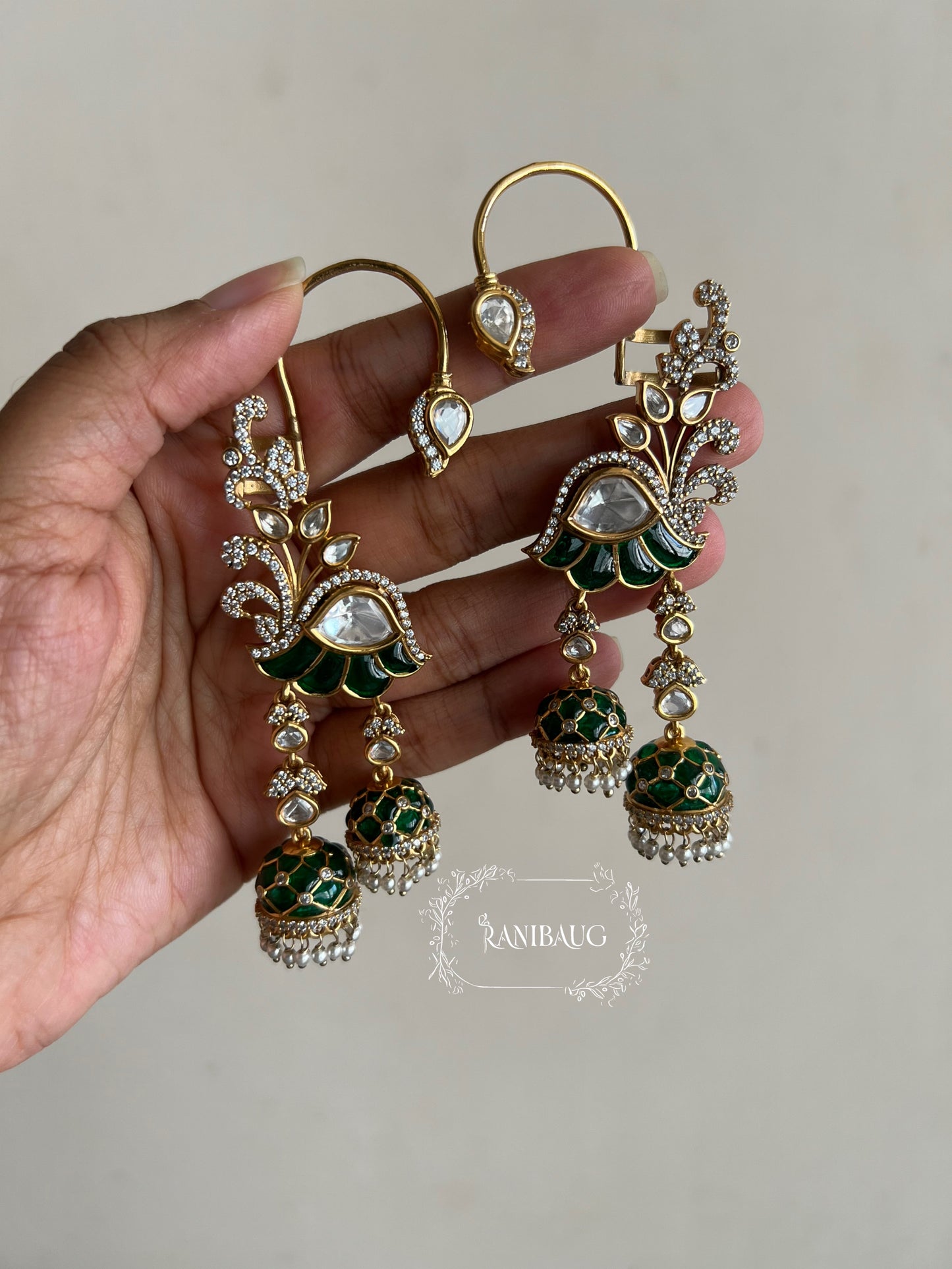 Mayesha Floral Polki Kundan Gold Enamel Dangle Jhumki Earcuff Earrings By Ranibaug
