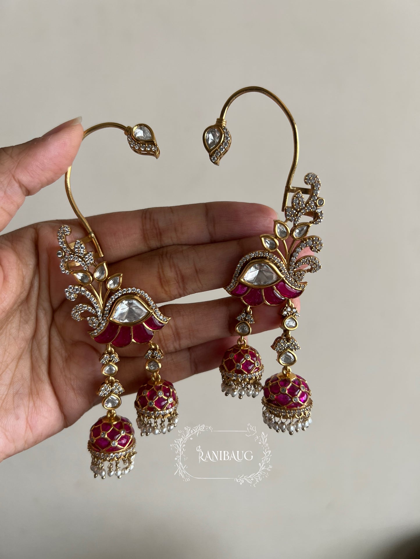 Mayesha Floral Polki Kundan Gold Enamel Dangle Jhumki Earcuff Earrings By Ranibaug