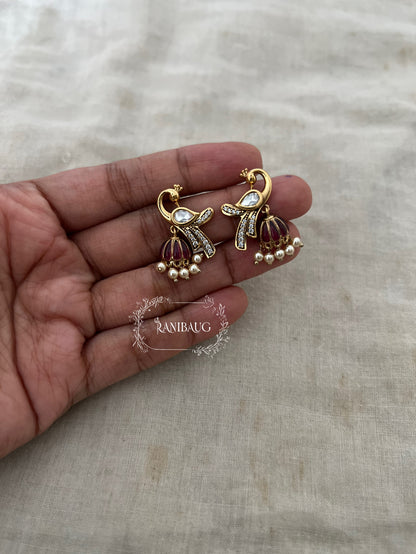 Mayra Peacock Motif Polki Pearl Studded Enamel Zirconia Adorned Premium Gold Plated Ear Studs Jewelry By Ranibaug