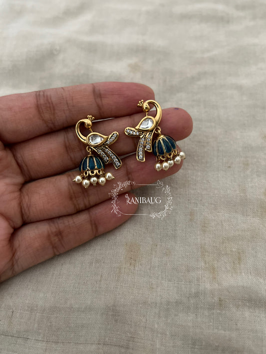 Mayra Peacock Motif Polki Pearl Studded Enamel Zirconia Adorned Premium Gold Plated Ear Studs Jewelry By Ranibaug