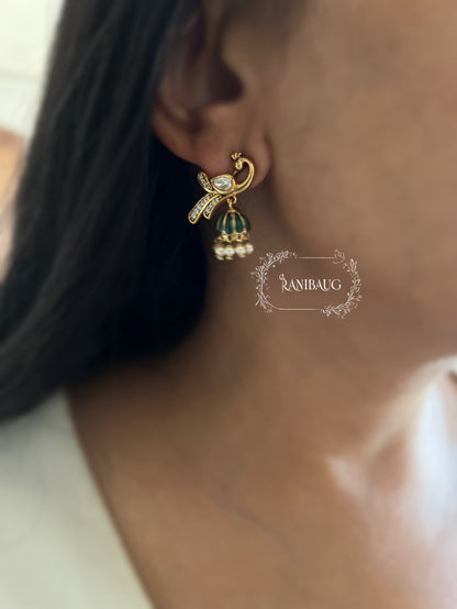 Mayra Peacock Motif Polki Pearl Studded Enamel Zirconia Adorned Premium Gold Plated Ear Studs Jewelry By Ranibaug