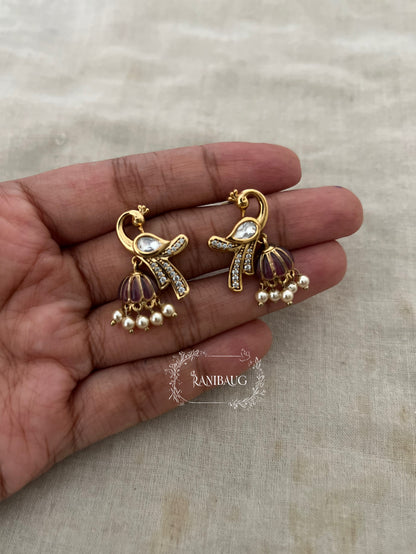 Mayra Peacock Motif Polki Pearl Studded Enamel Zirconia Adorned Premium Gold Plated Ear Studs Jewelry By Ranibaug