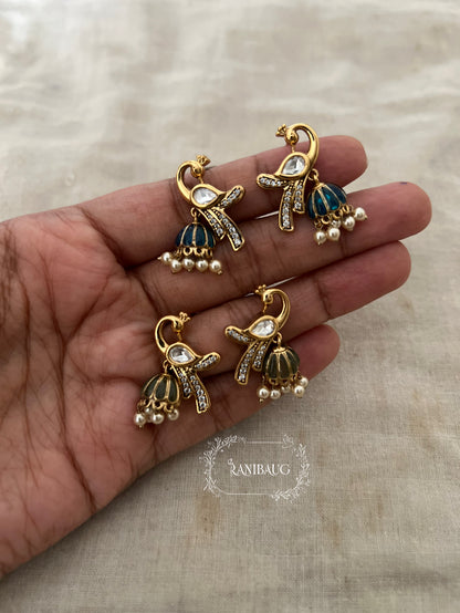 Mayra Peacock Motif Polki Pearl Studded Enamel Zirconia Adorned Premium Gold Plated Ear Studs Jewelry By Ranibaug