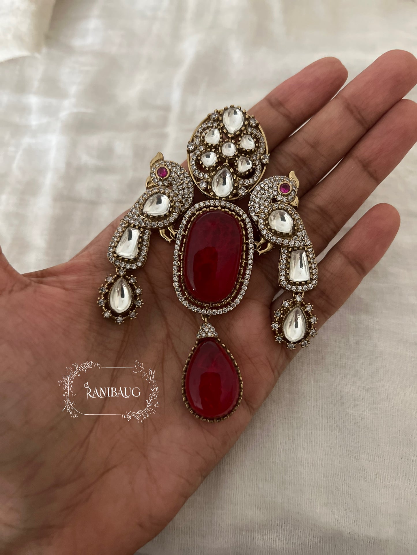 Mayur Polki Kundan Antique Gold Tone Royal Ruby Motif Brooch By Ranibaug