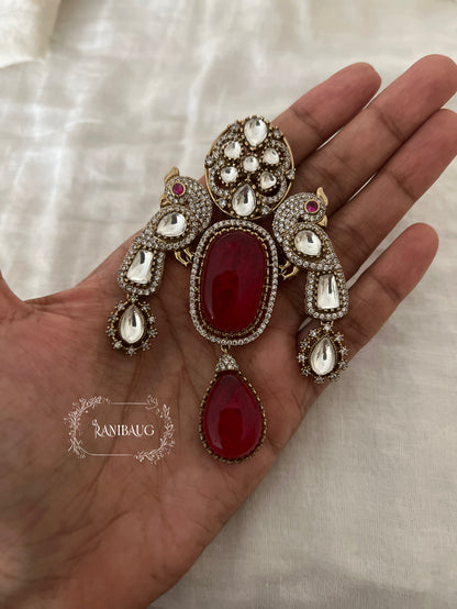 Mayur Polki Kundan Antique Gold Tone Royal Ruby Motif Brooch By Ranibaug