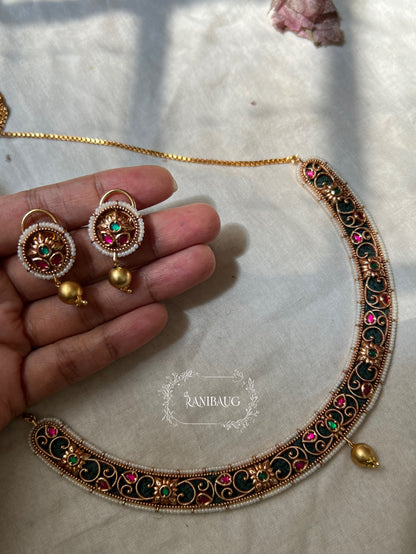 Mayura Meenakari Intricate Gold Work Floral Motif Necklace Set By Ranibaug