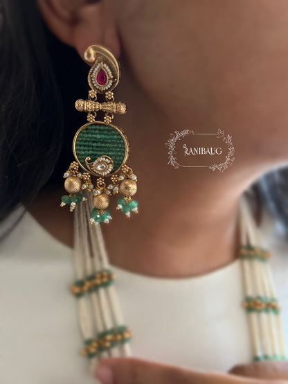 Mayuri Emerald Beaded Peacock Motif Polki Gold Finish Heritage Necklace Set By Ranibaug