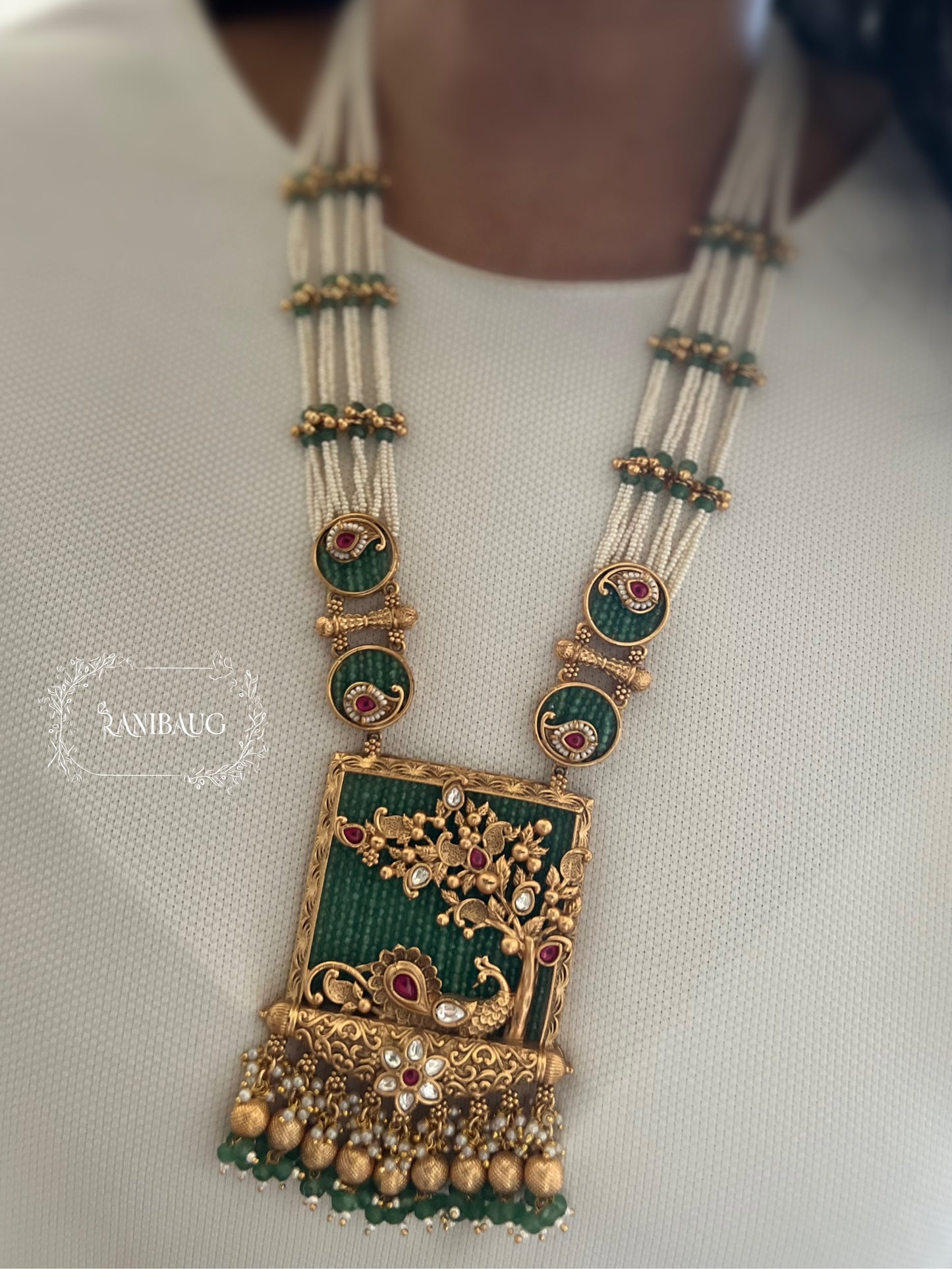 Mayuri Emerald Beaded Peacock Motif Polki Gold Finish Heritage Necklace Set By Ranibaug