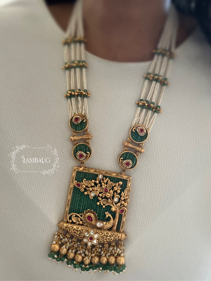 Mayuri Emerald Beaded Peacock Motif Polki Gold Finish Heritage Necklace Set By Ranibaug