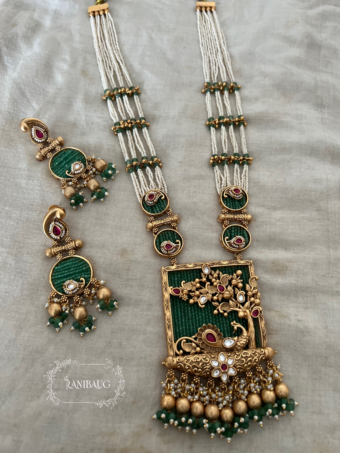 Mayuri Emerald Beaded Peacock Motif Polki Gold Finish Heritage Necklace Set By Ranibaug