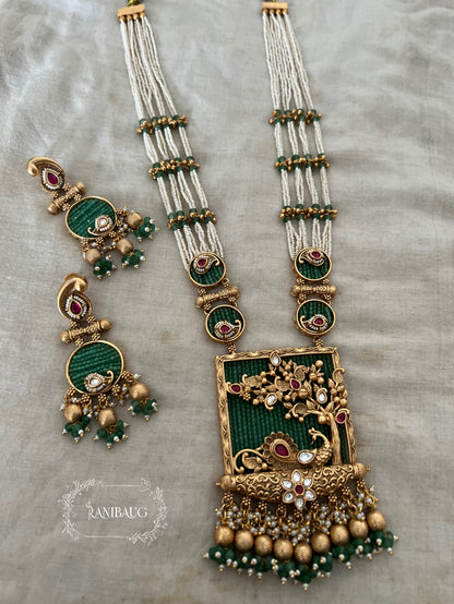 Mayuri Emerald Beaded Peacock Motif Polki Gold Finish Heritage Necklace Set By Ranibaug