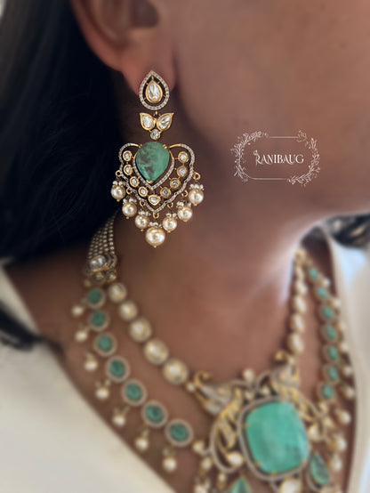 Mayuri Gold Finish Peacock Motif Polki Studded Layered Mint Stone Motif Necklace Jewellery Set With Dangling Pearls By Ranibaug