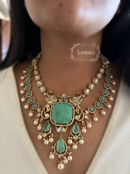 Mayuri Gold Finish Peacock Motif Polki Studded Layered Mint Stone Motif Necklace Jewellery Set With Dangling Pearls By Ranibaug