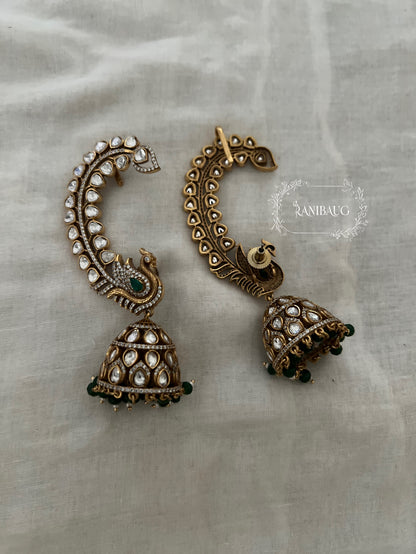 Mayuri Peacock Kundan Motif Antique Gold Finish Cuff Festive Earrings By Ranibaug