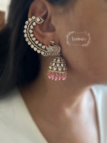 Mayuri Peacock Kundan Motif Antique Gold Finish Cuff Festive Earrings By Ranibaug