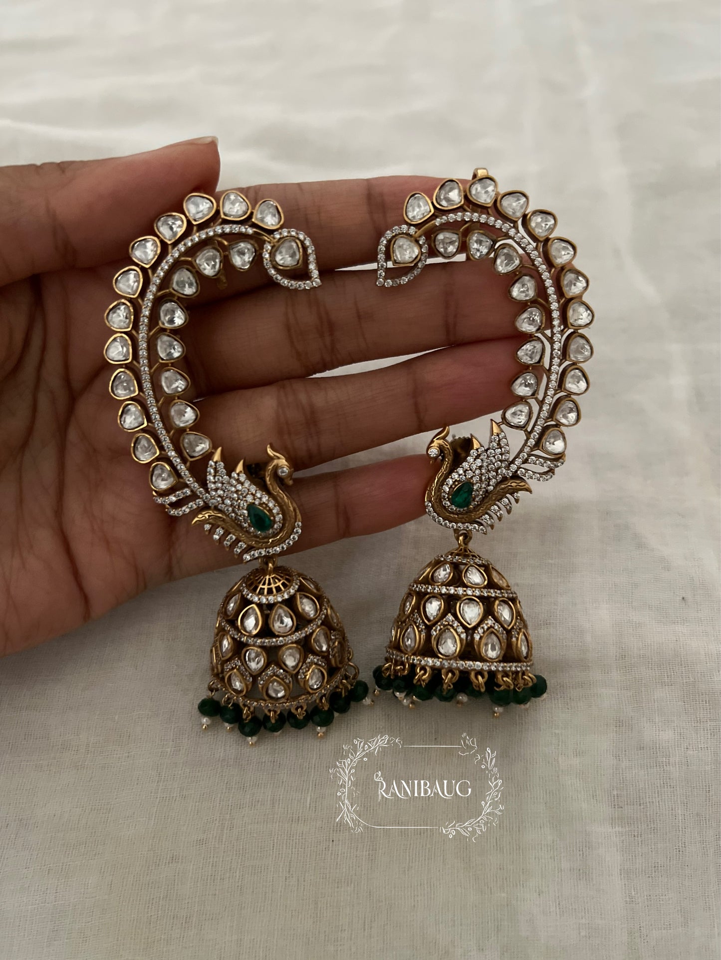 Mayuri Peacock Kundan Motif Antique Gold Finish Cuff Festive Earrings By Ranibaug